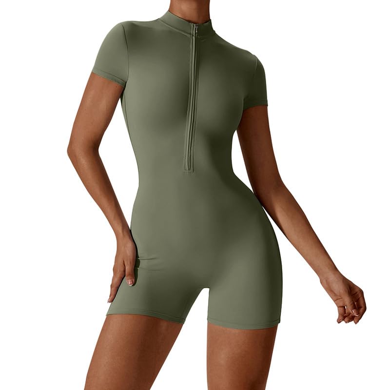 Litthing Mono Deportivo Mujer Corto Ropa Deportiva con Cremallera Elásticos Mangas Cortas Jumpsuit Sexy Ajustado Bodysuit Una Pieza Push Up Fitness Body Overol