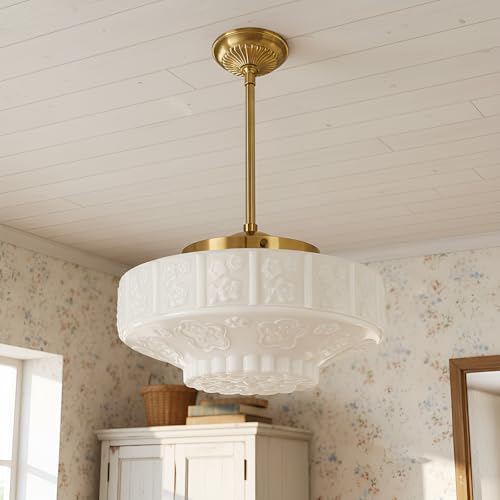 Vintage Milk Glass Pendant Light Fixture, 11.8" White Flowers Glass Chandelier, Antique Pendant Lights for Kitchen Island Lighting, Hallway, Bedroom, Dining Room, E26 Bulb Included (White, 11.8)