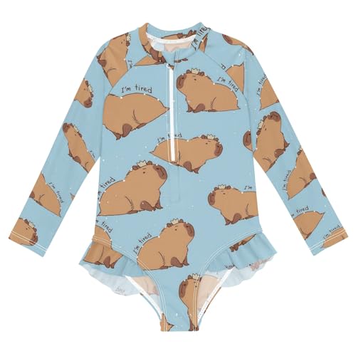 ALAZA Swimsuit for Girls Long Sleeve Rashguard Bathing Suit Capybara I'm So Tired Quick Dry 4T
