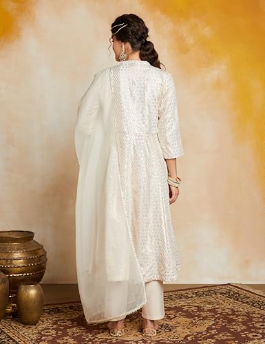 Image of Amazon Brand - Myx Women's Embroidered Anarkali Kurta Set with Organza Dupatta in Chanderi Blend (Available in Plus Sizes)