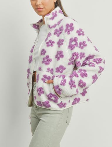 chouyatou Women's Fall Winter Casual Cute Floral Fleece Jacket Fuzzy Zip Up Sherpa Jacket Faux Fur Coat3