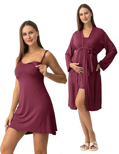 Image of SUNNYBUY Women's Nursing Nightgown Maternity Robe Set, 3 in 1 Labor Delivery Breastfeeding Dress Postpartum Sleepwear, Burgundy L