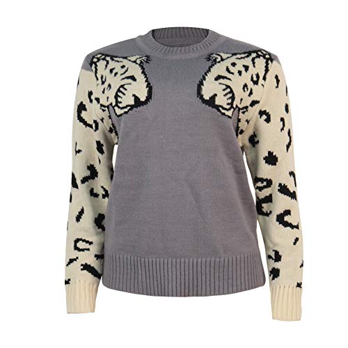 Image of JUNBOON Women's Casual Leopard Print Knitted Pullover Sweaters Long Sleeve Crew Neck Jumper Tops