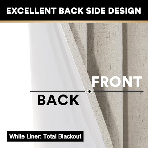 Image of PrinceDeco Linen Texture Curtains Soild 100% Blackout Thermal Insulated with White Liner Blackout Curtains for Bedroom 90 Inches Long 2 Panels,52 inch Wide,90 inch Length Noise Reducing Curtains, Stone