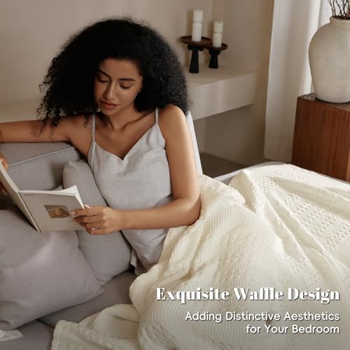 Image of PHF 100% Cotton Waffle Blanket Queen Size for Bed, Lightweight Breathable and Soft for Summer, Luxury Aesthetic Waffle Weave Blanket for Home Decor & Gifts for Women, 90 inchx90 inch, Cannoli Cream