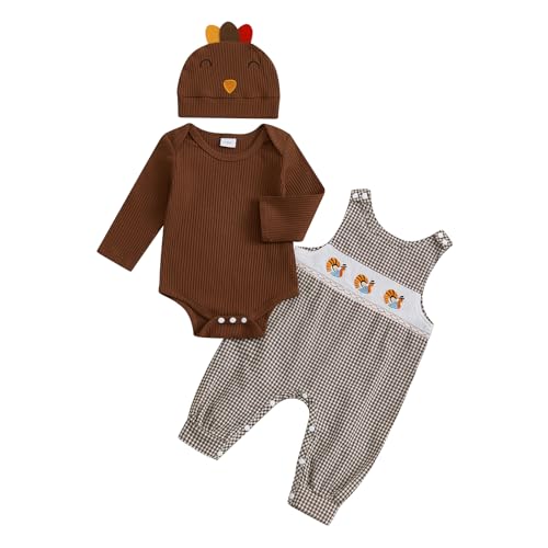Socutebabe My First Thanksgiving Baby Boy Outfit Infant Little Turkey Hat Ribbed Bodysuit Overalls Pants Newborn Outfits (Cute Turkey khaki, 0-3 Months)
