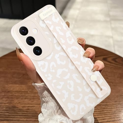 Image of Compatible with Samsung Galaxy S25 Case with Strap Wrist White | Cheetah Print Shockproof Soft TPU Protective Cover for Women Girls, Slim Anti Scratch Case 6.2 Inch, White