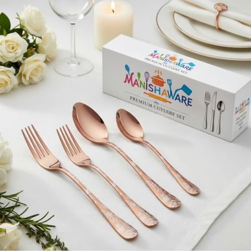 Image of Classic Rose Gold 20 Pcs Stainless Steel Cutlery Set for Dining Table, Dishwasher Safe Glossy Flatware (Perfect Spoon Fork Set)
