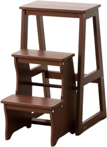 Wooden 3-Step Ladder Chair - Multi-Functional Step Stool & Storage - Flip Foot Stool & Display Stand for Home, Library, Indoor & Outdoor Use - Portable & Space-Saving