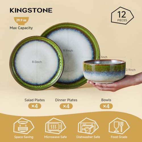 Image of KINGSTONE Stoneware Dinnerware Sets for 4, Reactive Glaze, Kiln-Fired Green