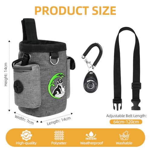 Adiwo Leckerlitasche für Hunde, Hunde Leckerlibeutel und Training-Clicker, wasserdichte Freihändige Hundeleckerlitasche mit Kotbeutelspender Mehreren Taschen, Gürteltasche für Hundespaziergang, Grau
