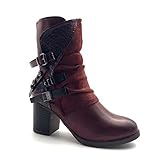  Angkorly - Chaussure Mode Bottine Botte Motard Motarde Moto Rock Punk Femme Effet Peau de Serpent Python Multi-Bride clouté Talon Haut Bloc 7 CM - Bordeaux - F3187 T 36