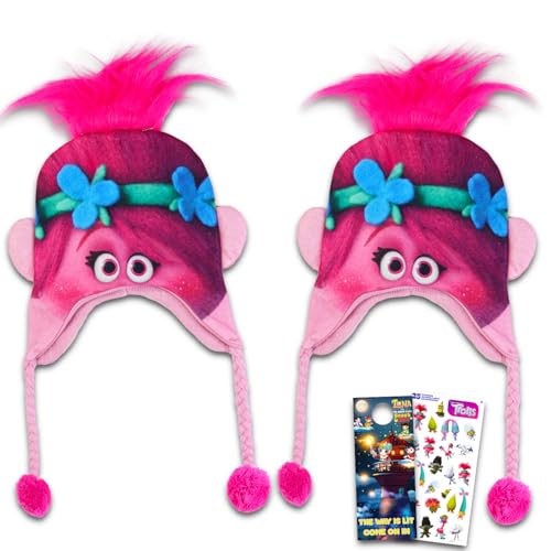 Trolls Beanie Set - Trolls Winter Accessories Bundle with 2 Pairs of Beanies Featuring Poppy Plus Stickers, Door Hanger