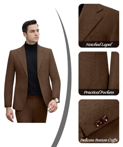 Image of Mens Wool Suits 2 Piece Retro Tuxedo Set for Men Slim Fit Groom Blazer Pants Outfit Party Wedding Prom