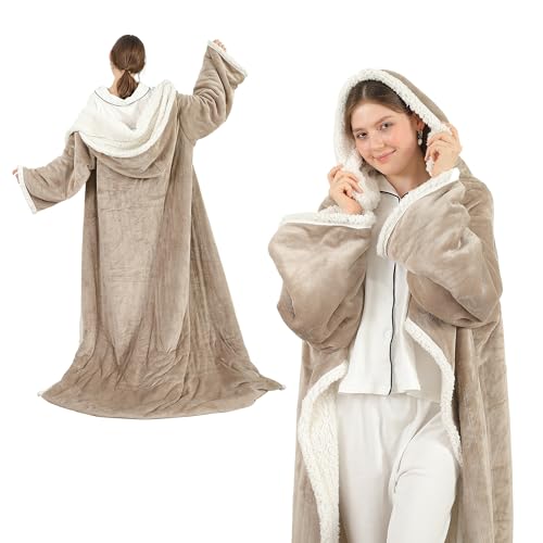 COZYTY Electric Snuggle Throw Blankets with Foot Pocket Wearable Heated Throw with Sleeves & Hood 6 Heat Levels & 1-4H Timer Full Body Warmth The Perfect Warming Gift for Women & Men Camel