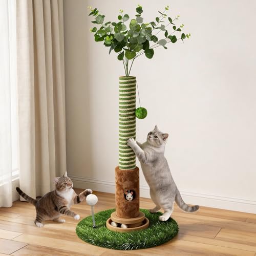 40'' Tall Cat Scratching Post Indoor for Large Cats, 3.5" Thick Natural Sisal Rope Cat Scratcher, Sturdy Indoor Cat Scratching Posts with Interactive Play Balls for Adult Cats Kittens