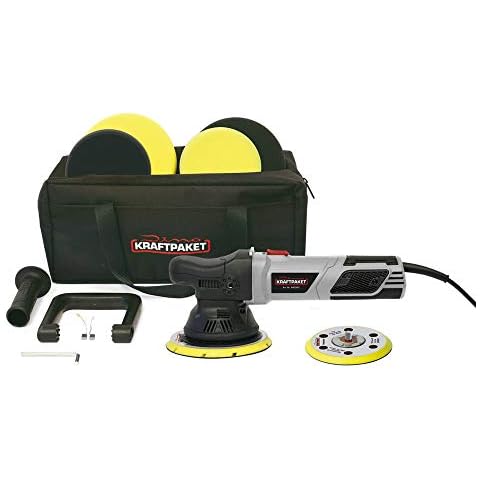 Dino KRAFTPAKET 640302 9mm-900W Exzenter Poliermaschine Stufenlos im XXL-Set mit 125mm 150mm Stützteller Polierschwamm Polierteller Polierpad Tasche für Auto KFZ Boot, Grau Cover