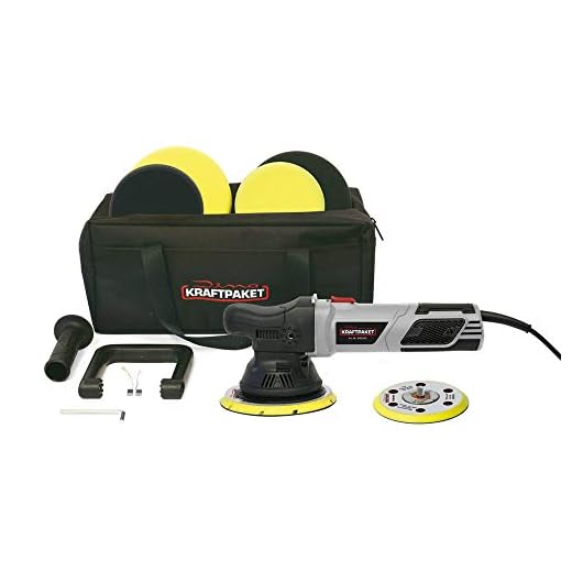 Dino KRAFTPAKET 640301 15mm-900W Exzenter Poliermaschine Stufenlos im XXL-Set mit 125mm 150mm Stützteller Polierschwamm Polierteller Polierpad Tasche für Auto KFZ Boot, Grau