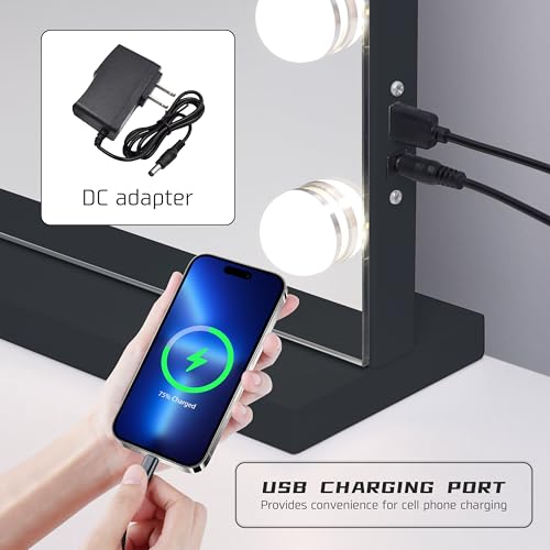Image of Vanity Mirror with Lights Lighted Makeup Mirror with 15 Dimmable LED Bulbs,3 Color Lighting Modes,USB Charging Port Touch Control,Sturdy Metal Frame Design 22.8x18 Inch,Black