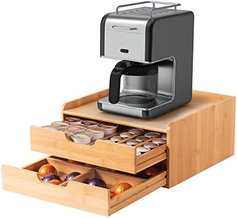 NATFAIRY Bamboo Coffee Pods Holder Storage Compatible with Keurig K Cup Espresso Pods Tea Bag Organizer Drawer with Lip Panel for Kitchen Office Coffee Bar