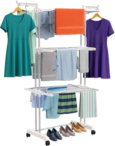 H Houseware Foldable Cloth Drying Stand 3 Tier Stainless Steel Laundry Rack with Wheels & Hanger Slots | Heavy Duty Clothes Dryer for Indoor Outdoor U