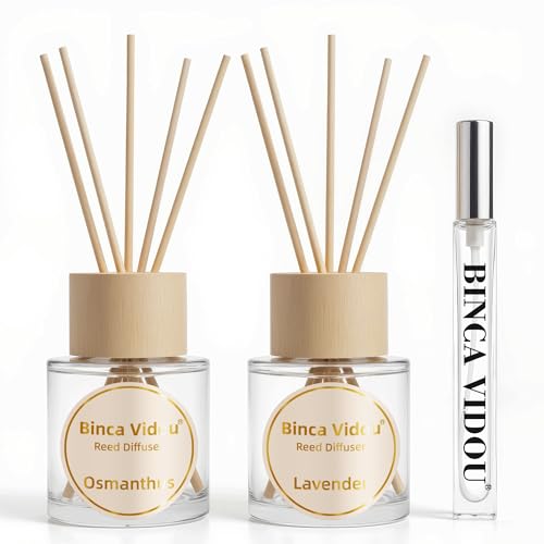 Reed Diffuser Set, Binca Vidou Lavender & Osmanthus Natural Perfume Scent Oil Diffusers with Sticks & Spray Bottle for Home Office Bathroom Aromatherapy Decor 1.69oz x 2