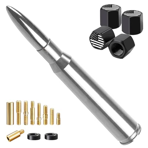 Truck Car Bullet Antenna with Valve Stem Caps Mast for GM Chevy Silverado 1500 2500 3500 HD Ford F150 F250 F350 Denali Heavy Pickup Jeep Truck Accessories (Chrome)-Car wash Safe