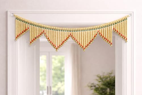 Image of Traditional Golden Beads Toran for Door | Green & Red Accent Bandarwal with Hanging Bells | 3 Feet Length, 7.5 Inch Height | Festive Door Decoration for Diwali, Pooja, Wedding & Griha Pravesh