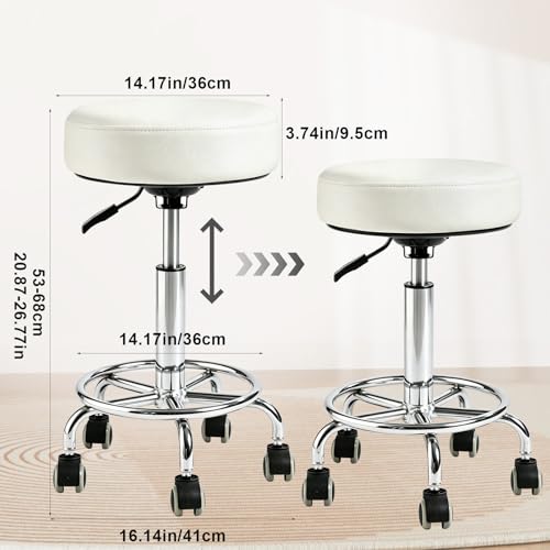 Image of Rolling Stool with Wheels - 500lbs,Thick 9.5cm Cushion, Height Adjustable | PU leather|Swivel silent rubber casters|Foot pedal ring|space-saving|For Drafting salon tattoo clinic garage home office