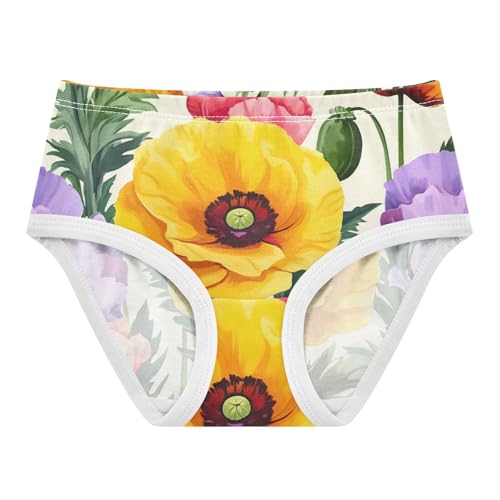 Colorful Poppy Flowers Beige Little Girl Panties Toddler Underwear Custom Cotton Fancy Briefs Undies Kids 2t