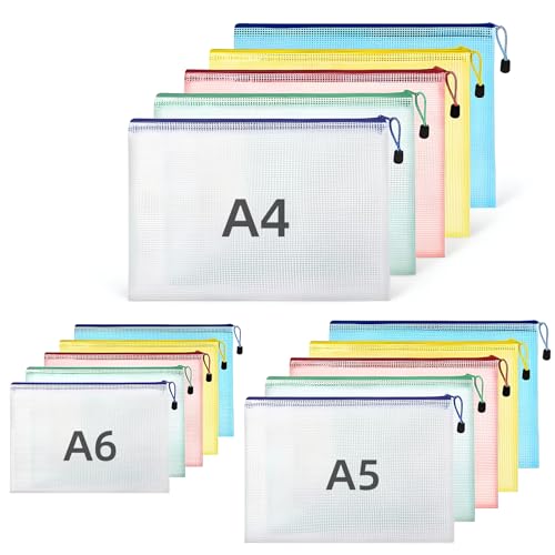 Sacos Zip para documentos 15 peças, bolsa com fecho de correr A4 A5 A6, malha transparente PVC, impermeável, reforçado, resistente ao desgaste, reutilizável - para documentos e recibos, 5 cores