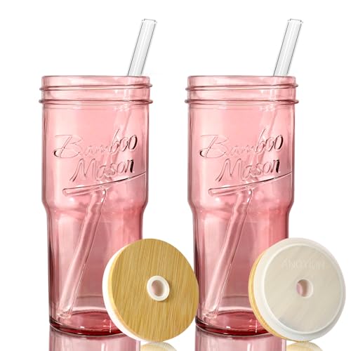 Image of ANOTION Glass Cups with Lids and Straws, 24oz/682ml Pink Glass Tumbler Travel Coffee Mug Bamboo Mason Jar Iced Cup Smoothie Tea Clear Cute Water Drinking Jars Glasses