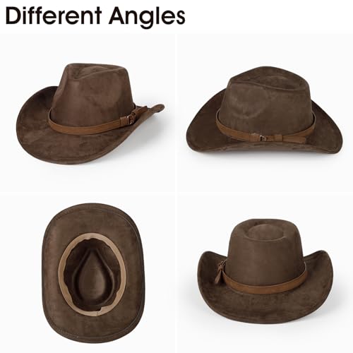 Image of 2 Pack Western Cowboy Hats for Women Men 2 Different hat Bands | Classic Felt Wide Brim Costume Cow Boy Hat Curved Brim Cowgirl Hat