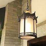 LNPTAL Chinese Pagoda Style Outdoor Pendant Light, Traditional Oriental Hanging Lantern Waterproof Metal Ceiling Fixture for Courtyard Porch, Garden and Tea Room Decor