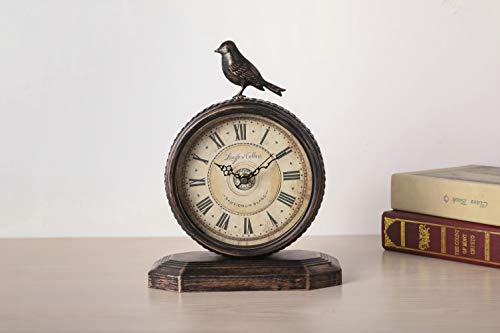 Shisedeco Vintage Cottage Metal Table Clock With Bird, Retro Mantel/European Wrought Iron Metal Industrial Quartz Desk & Shelf Clock (F) #TOP1