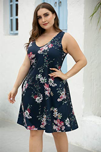 Image of Women Plus Size V Neck Sleeveless Floral Print Pocket T Shirt Dresses Casual Midi Tank Dress Beach Cover up Sundress (XL-5X)