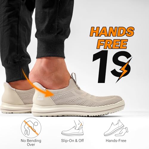 Men’s Hands Free Slip On Walking Shoes Lightweight Athletic Non Slip Sneakers Comfortable Breathable Knit Slip in Casual Shoes-KAQI-44 Khaki2