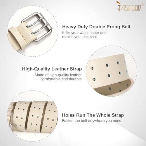 Image of JASGOOD Men Double Prong PU Leather Belt Casual Work Heavy Duty Belt Double Grommet Holes Belt for Jeans