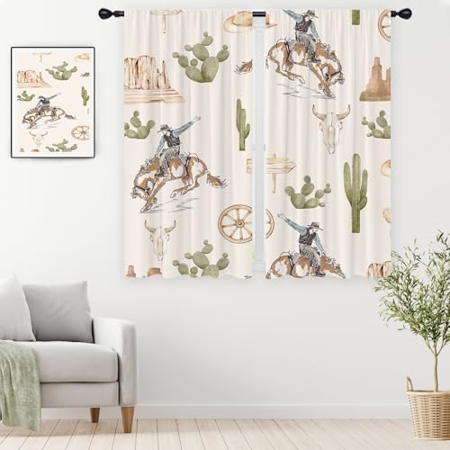 EGLGCC Western Cowboy Curtains Kitchen Small Mini Cactus Desert Riding Horse Vintage Farmhouse Country 27.5W x 45L Inch Rod Pocket Short Tiers for Garage Camper Window Drapes Treatment Fabric 2 Panels