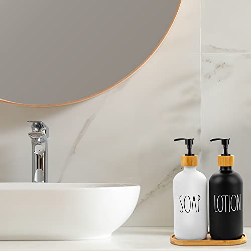 Soap and Lotion Dispenser Set with Tray by Brighter Barns - Hand Soap Dispenser Bathroom Set - Glass Bathroom Soap Dispenser Set Pump -Farmhouse Bathroom Decor, Boho Bathroom Accessories (Black/White)