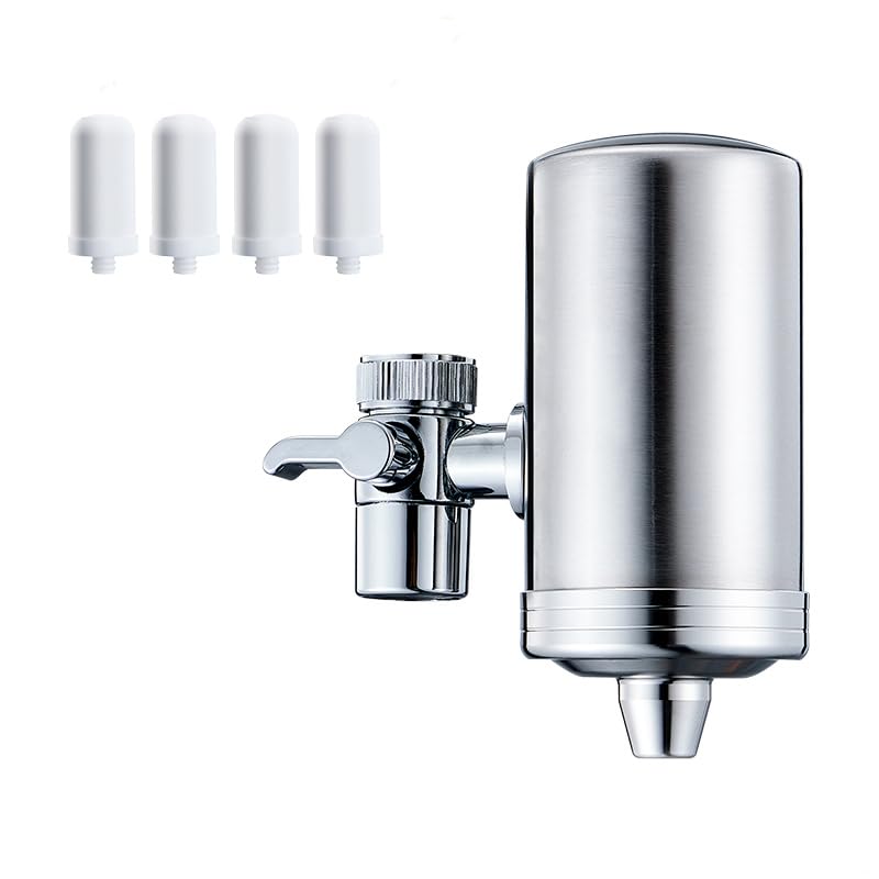 TINMAGI Filtro de Agua Para Grifo de Acero Inoxidable, Filtración con 4 Filtros Incluidos con Dos Modos, Purificador de Agua Reduce el Cloro