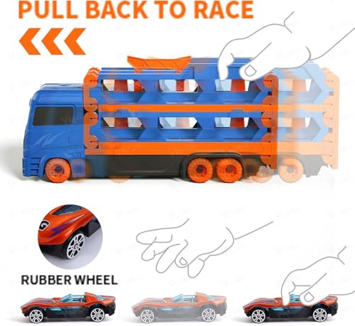 Image of Vikrida Big Hauler Storage & Deform Transport Truck Toy with 2 Foldable Ejection Race Track & 2 Pcs Die cast Cars for Kids - Blue Color