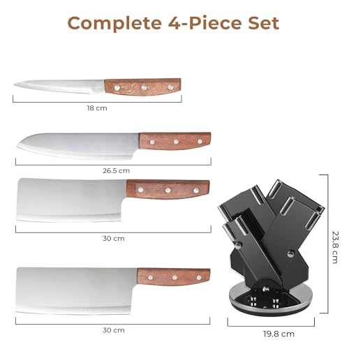 Image of HomeEssentials 4-Piece Stainless Steel Knife Block Set, 360 Rotating Swivel Base, Ergonomic Rosewood Handles & Fan-Style Protective Sheaths - Professional Chef Knife Set for Contemporary Kitchens