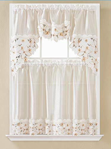 B&H Home Quinn Beige Floral Embroidered 3-Piece Kitchen Curtain Window Treatment Set (Quinn Beige)