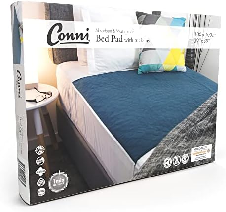 Conni Reusable Bed Pad with Tuck-ins, Absorbent, Waterproof and Washable Protector Pad for Incontinence, Bed Wetting and Perspiration, Teal Blue, 39" x 39" (100 x 100 cm)