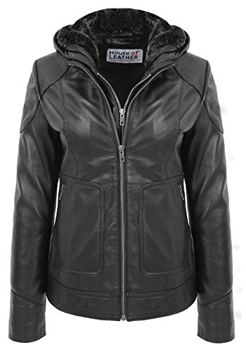 Veste en cuir véritable Brooke contre le vent avec sa capuche amovible style motard