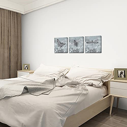 Skenoart 3 Piece Retro Bedroom Canvas Wall Art Butterfly Bee Dragonfly Poster Picture Insect Animal Painting Prints French Floral Garden Vintage Artwork Home Bathroom Wall Decor Ready To Hang #TOP3