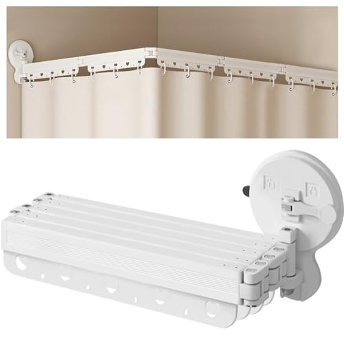 EHERDM Wandmontierte, faltbare Duschvorhangstange, stanzfreie Saugnäpfe, 360° faltbar, Duschvorhangstange für Badezimmer, Ecke, Badewanne, einziehbarer Wäscheständer, 5-fach, 172,7 cm