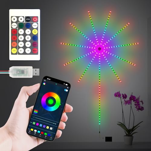 ALEENFOON LED Feuerwerkslicht mit App Fernbedienung Batteriefach Bluetooth Traumfarben LED Feuerwerk Lichter 213 Modi Soundsteuerungs Innen Lichterketten für Weihnachten Party Bar Zimmer Deko