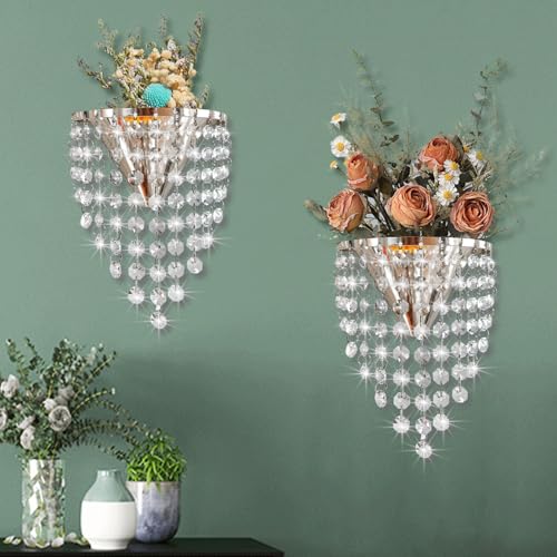 2 Pack Metal Flower Vase for Wall Crystal Vase Decor Hanging Decoration Floral Holder for Home Office Living Room Bedroom Bathroom (Silver)